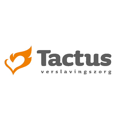 Logo van Tactus Verslavingszorg met oranje vlam en hart, tekst Tactus verslavingszorg, thema begeleiding verslaving
